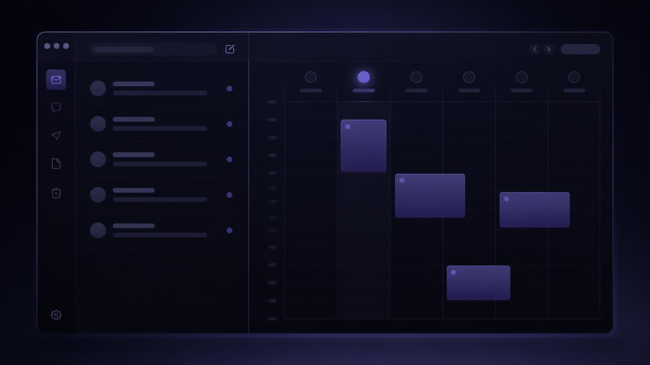 Panel dual minimalista: bandeja de correo ordenada a la izquierda, semana del calendario con eventos limpios a la derecha.