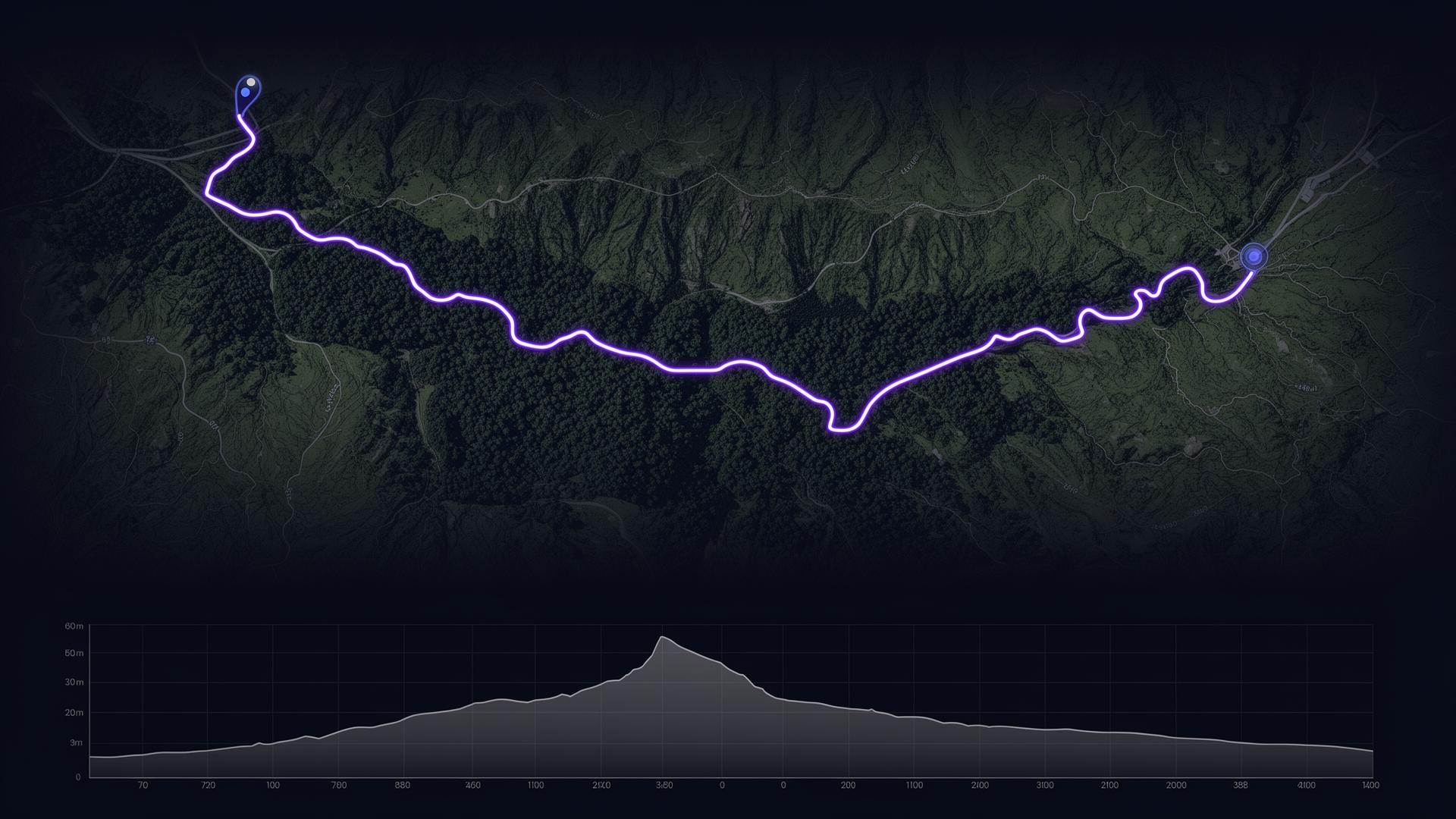 Mapa topográfico con ruta GPS en indigo y perfil de elevación.