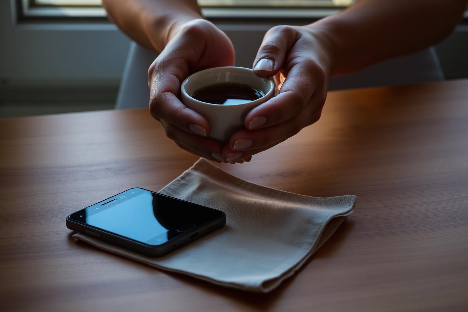 Manos sosteniendo una taza de té sobre una mesa de madera con un teléfono boca abajo al lado.