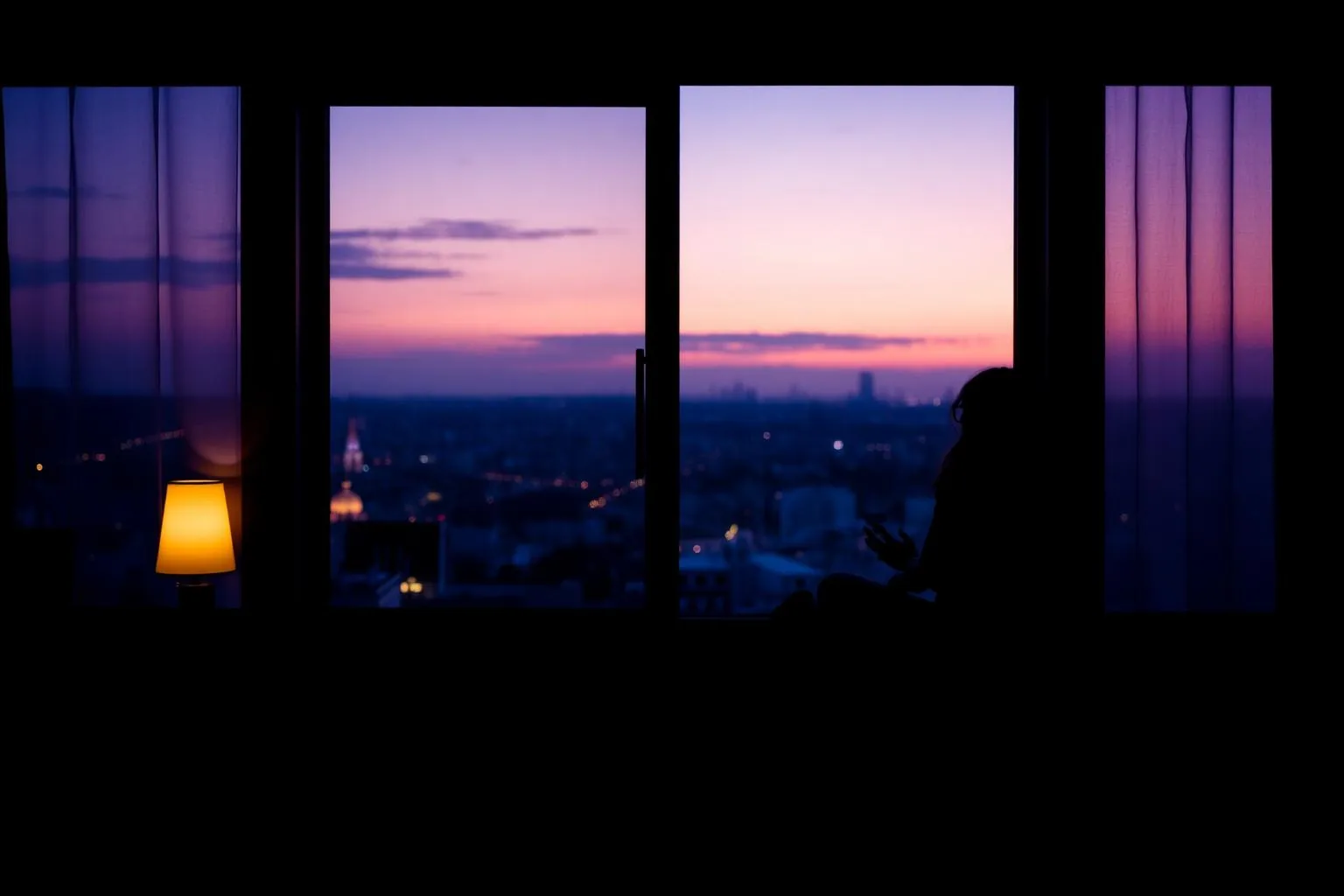 Silueta de una persona meditando junto a una ventana al atardecer sobre una ciudad.