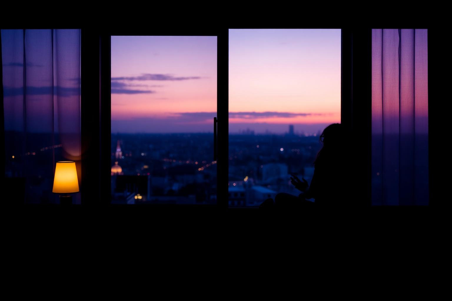 Silueta de una persona meditando junto a una ventana al atardecer sobre una ciudad.