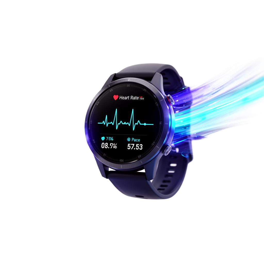 Reloj deportivo iluminado con frecuencia cardiaca y ritmo, dejando una estela de luz cian.