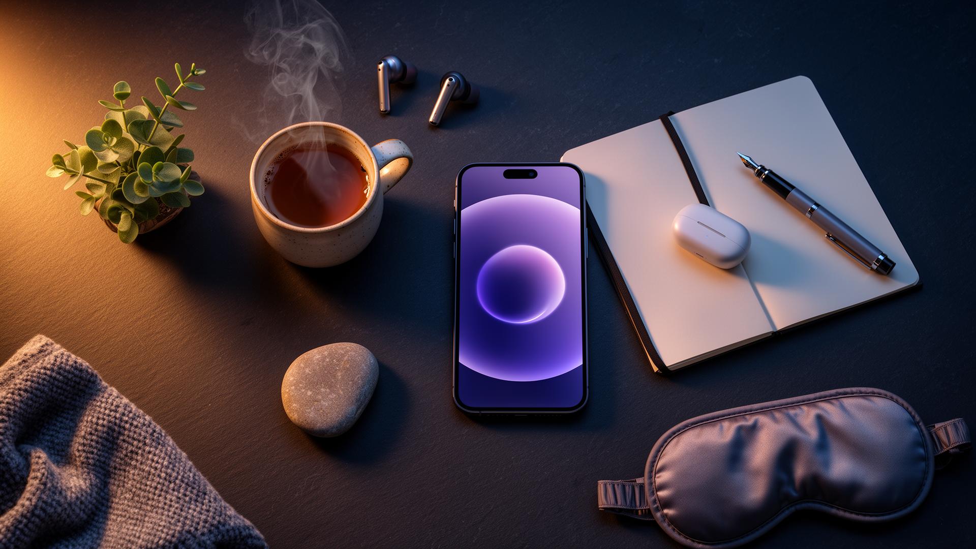 Móvil con animación de respiración violeta sobre escritorio oscuro con taza de té, auriculares, antifaz y libreta.