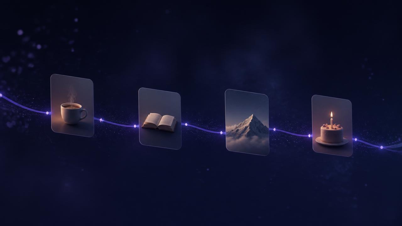 Línea de tiempo de recuerdos: café, libro, montaña y celebración conectados por un hilo indigo.