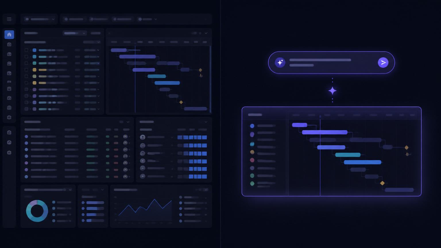 Ilustración: dashboard denso de gantt frente a una sola conversación que genera la misma agenda.